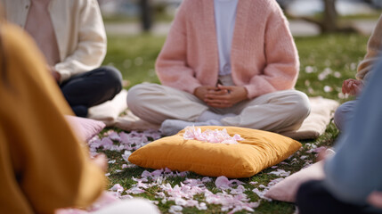 Group of people sitting cross-legged on grass outdoors with cushions and pink flower petals scattered around in a peaceful setting