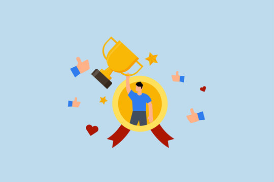 Employee of the month award winner, success businessman holding trophy badge.