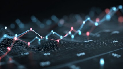 Abstract digital data visualization with glowing lines and dots representing financial trends and statistics in a high-tech environment