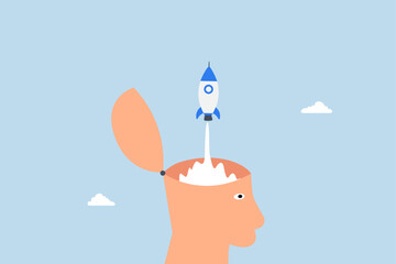 Open minded, human head open mind and launch rocket.