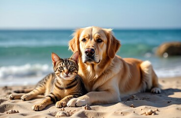 Golden retriever dog and tabby cat lie on sandy beach. Animals rest near blue ocean waves under clear sky. Pets enjoy summer vacation together at seaside.