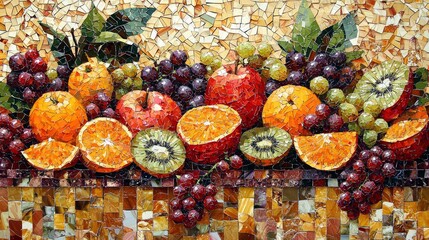 A vibrant mosaic artwork depicting a still life arrangement of various fruits, including oranges, apples, grapes, and kiwi slices, set against a textured backgr