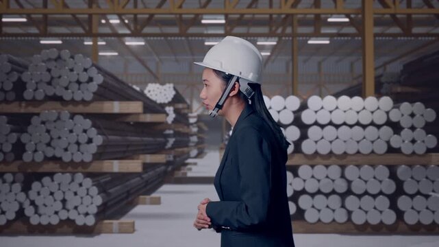Side View of Asian Businesswoman Walking and Speech in Warehouse Storage of Rolled Steel Metal Bars, Rods or Billets