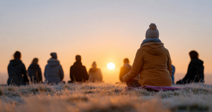 Group of people meditating outdoors on frosty grass during sunrise in cold weather with warm clothing and hats - Powered by Adobe