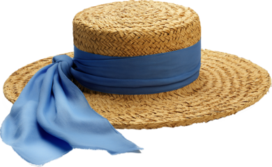 Blue Ribbon Straw Hat PNG, summer cap isolated on white background