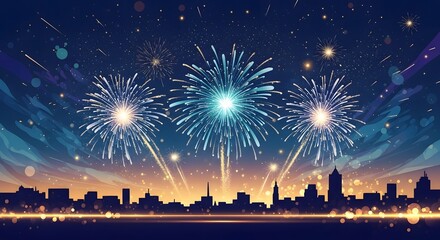 Festive fireworks illuminate the night sky over a city skyline