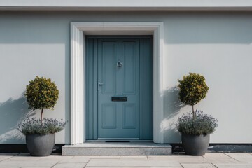 Fototapeta premium Symmetrical potted greenery frames a handsome entrance door set against a pale facade