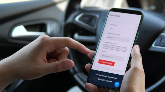 A car owner uses his smartphone to schedule a professional car wash, selecting specific parameters for his appointment. This video showcases how digital platforms enable personalized service