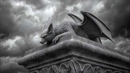 A stone gargoyle with wings, resembling a mythical creature, is perched on the ornate ledge of a building. The background features a dramatic, cloudy sky, creat