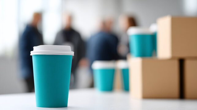 Close-up of teal disposable coffee cup with white lid on table in setting with blurred people and cardboard boxes in background - Powered by Adobe