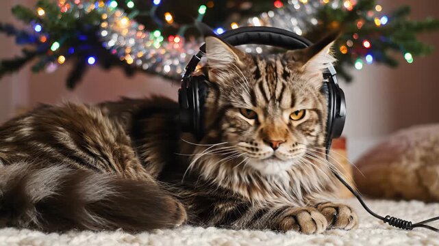 Cat wearing headphones relaxing on the floor near Christmas tree  