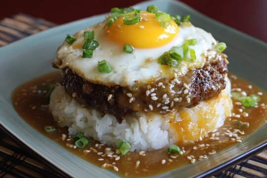 Delicious Homemade Loco Moco: A Savory Blend of Juicy Beef, Fried Egg, and Rich Brown Gravy for the Ultimate American Comfort Food