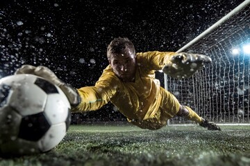A goalkeeper dives to save a soccer ball in the rain near the goal.