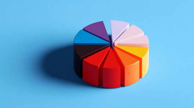 Colorful Pie Chart on a Bright Blue Background, Representing Data Visualization, Business Analysis, and Creative Design Concepts for Digital Use