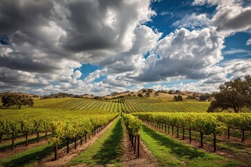 Fototapeta premium Idyllic Paso Robles Winery: Scenic Rural Vineyard with Grapevines Under California Clouds