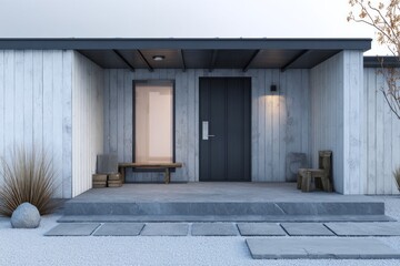 Fototapeta premium Modern minimalist dwelling entrance features textured walls and simple outdoor seating