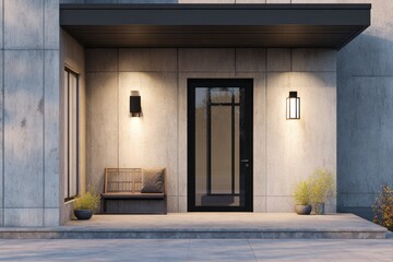 Modern concrete home entrance features symmetrical wall sconces illuminating a dark framed doorway