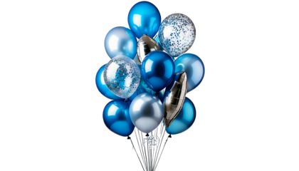 Large bunch of silver and blue balloons with confetti filled transparent balloons, isolated_.png
