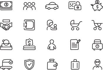 Financial Family Insurance Line Icons Set for Money Protection Savings and Security