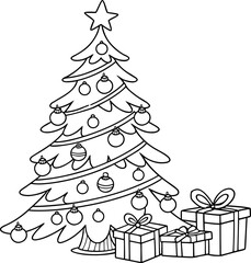 Christmas tree illustration, Simple line drawing of a decorated Christmas tree with ornaments garlands and gifts in clean vector style for coloring book pages