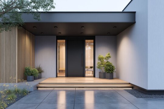 Contemporary home entrance features modern dark door flanked by tall windows under an overhang