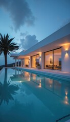 Fototapeta premium Modern luxury house exterior. Evening photo of villa with swimming pool. Upscale home design featuring glass walls and palm tree. Property with water reflection and soft lights at dusk.