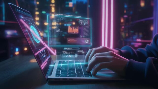 A dimly lit scene of a person typing intensely on a laptop with neon pink and blue ambient lighting suggesting a late-night coding or hacking session.