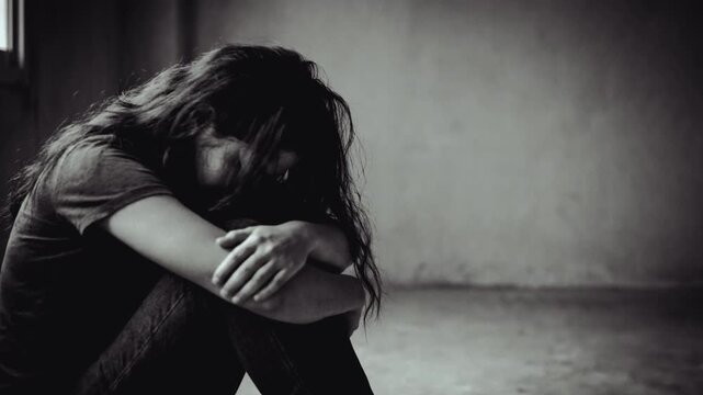 Sad woman sitting alone on the floor in a dark empty room. Depressed female hugging knees in black and white. Mental health and abuse concept