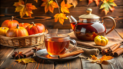 Fototapeta premium Enjoy a warm cup of tea this autumn season, perfect for lifestyle blogs, seasonal promotions, and Thanksgiving ads showcasing cozy fall vibes