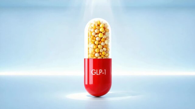Red GLP-1 capsule with yellow microspheres on pale blue background, oral peptide therapy for weight loss, hormonal modulation, metabolic control, sustained release formulation, pharmacology