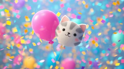 cute cat with birthday balloon on colorful confetti background illustrated animation