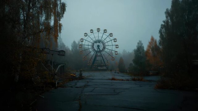 Abandoned ferris wheel in misty forest setting for post-apocalyptic background showing desolate amusement park, eerie mood, and decaying rides in forgotten outdoor environment