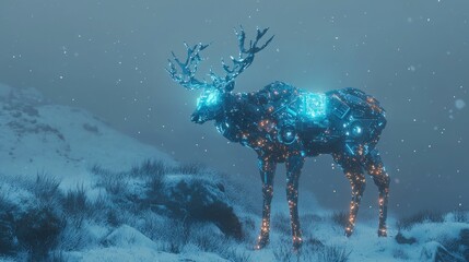 Cybernetic Deer in Winter Landscape - A Fusion of Nature and Technology.