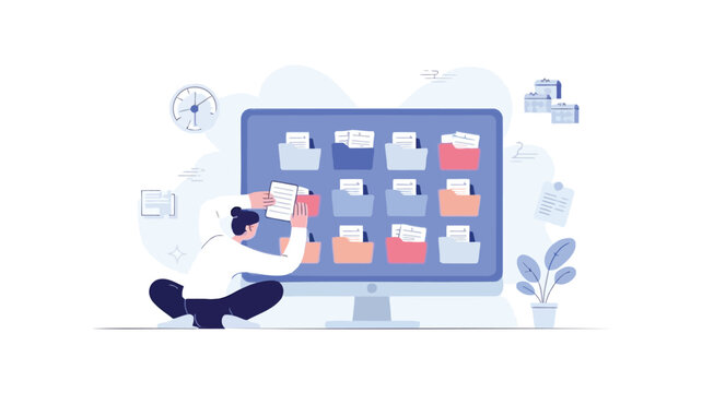 Modern illustration of a person organizing digital files and applications on a computer screen symbolizing digital decluttering and productivity - Powered by Adobe