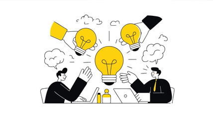 Creative illustration of a human brain with colorful lightbulbs and gears symbolizing innovative ideas and teamwork