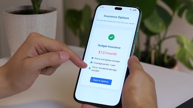 Closeup of a mans hands carefully studying the specific terms and premium of a gadget insurance policy on a mobile device. This clip represents the important evaluation phase before purchasing