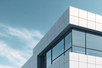 Modern minimalist structure corner features large reflective glass windows against a pale blue sky