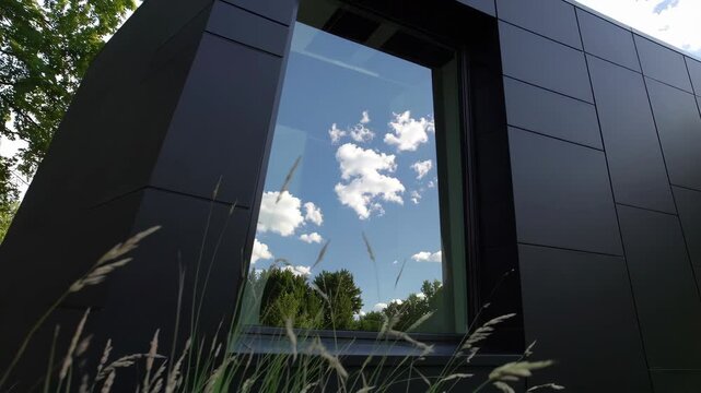 Modern studio harmony simple compose with sleek black exterior, large glass window reflection of blue sky and clouds, green grass, peaceful atmosphere