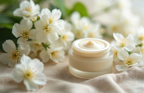 Glass jar of natural cosmetic cream with fresh white jasmine flowers on beige textile. Organic skincare moisturizer for face, body care. Spring floral promotes daily beauty wellness routine for