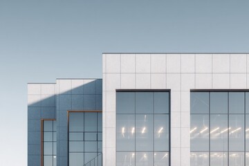 Obraz premium Modern commercial structures display clean lines against a pale blue sky