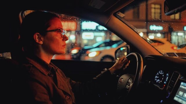 Woman driving a car at night in the city with rain on the window. Female driver with glasses commuting through traffic with colorful bokeh lights. Cinematic night drive concept