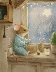 Vintage watercolor Christmas card featuring a little mouse wrapping Christmas presents