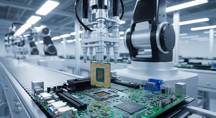 Robotic arm placing a CPU on a motherboard in a high-tech electronics manufacturing facility.