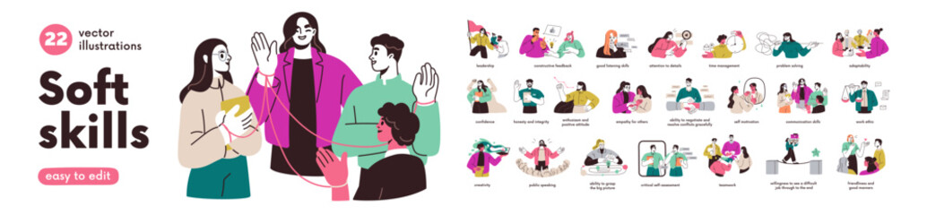 Naklejka premium Soft skills set. Personality abilities for business, work, career. Communication, time-management, teamwork, leadership, problem solving, empathy. Flat vector illustration isolated on white background