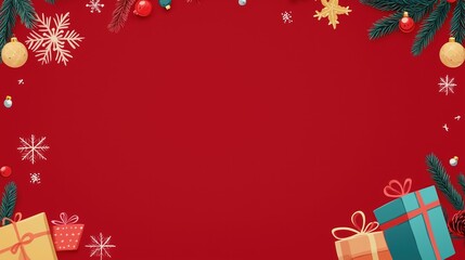 Christmas themed border with cartoon decorations on red background, gifts and snowflakes, blank space for text, perfect for social media and web templates