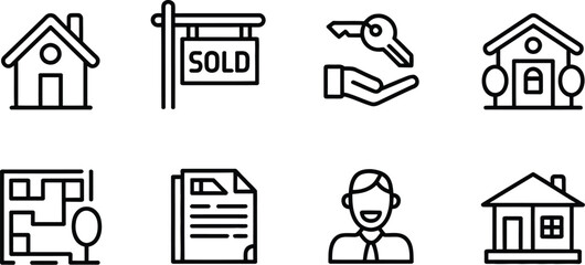 Real estate icons depict buying and selling homes with sold signs and keys.