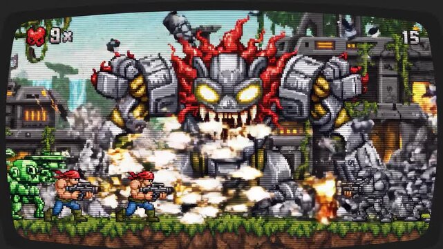 Retro 90s Arcade Action Side-Scrolling Shooter Video Game