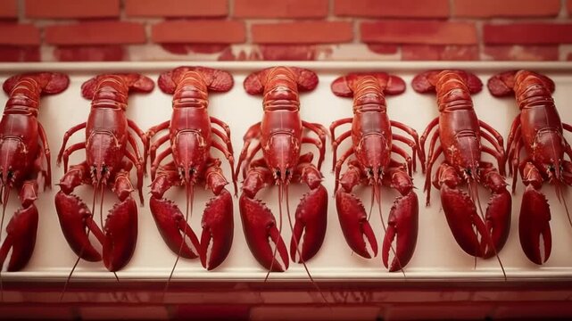 Cooked red lobsters aligned on a white tray, presenting a gourmet seafood offering