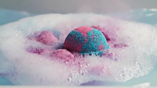 Pink and Blue Bath Bomb Dropped into Water Fizzing and Creating Foam