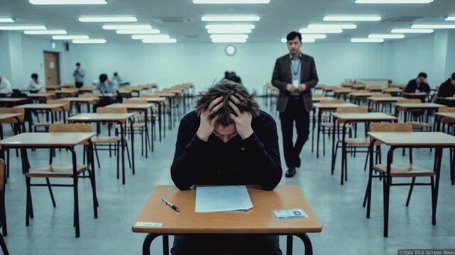 Stressed student clutching head during a difficult exam in a classroom. Anxious young man struggling with a test while a teacher walks in the background. Academic pressure and failure concept